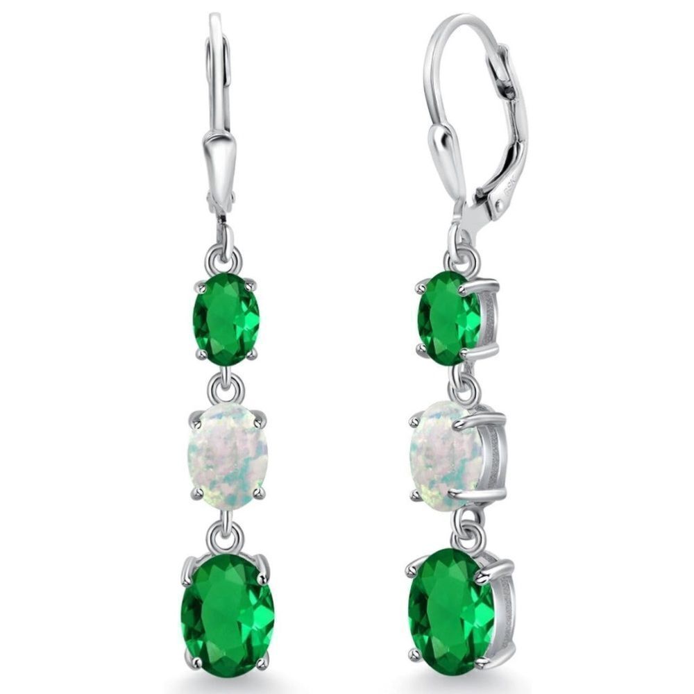 925 Sterling Silver with 4.30 Cttw 3 Stone Emerald and White Opal Drop Earrings